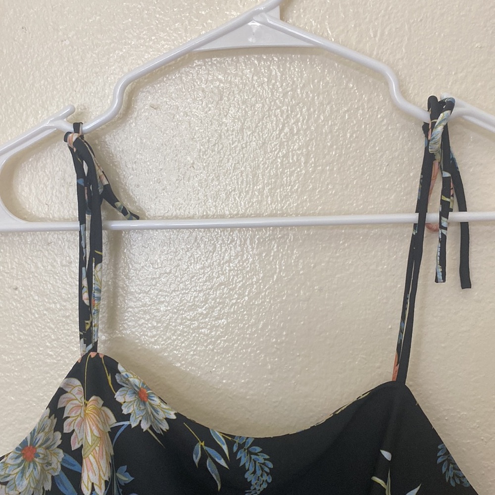 Oh Polly Black Floral Silky Mini Slip Dress Shoulder Ties 6 Strappy Minidress - Picture 5 of 10